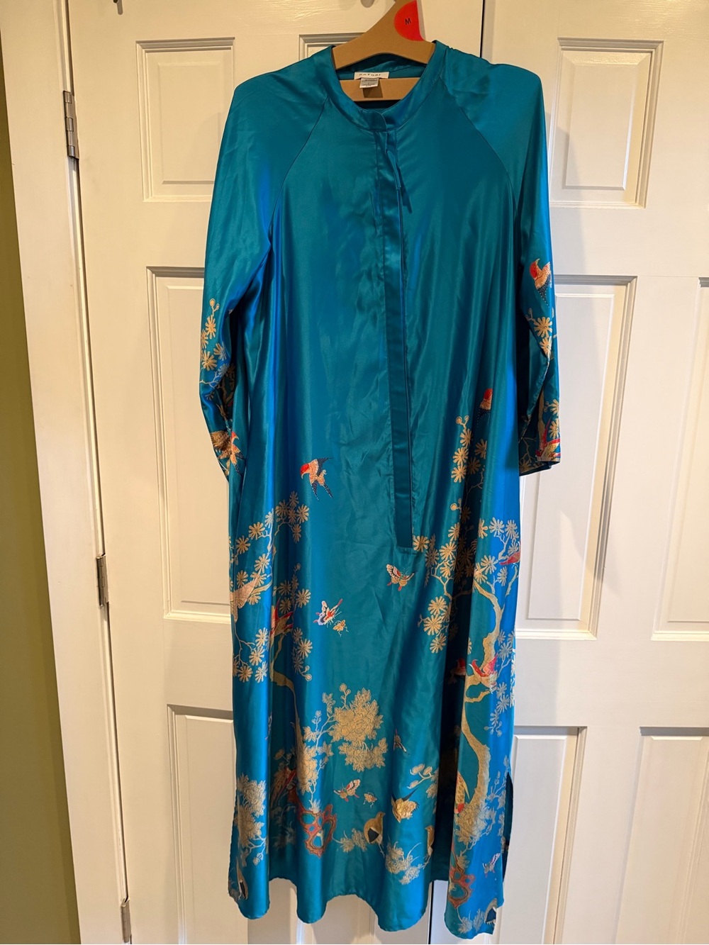 Natori Teal Embroidered Maxi Dress with Gold Accents